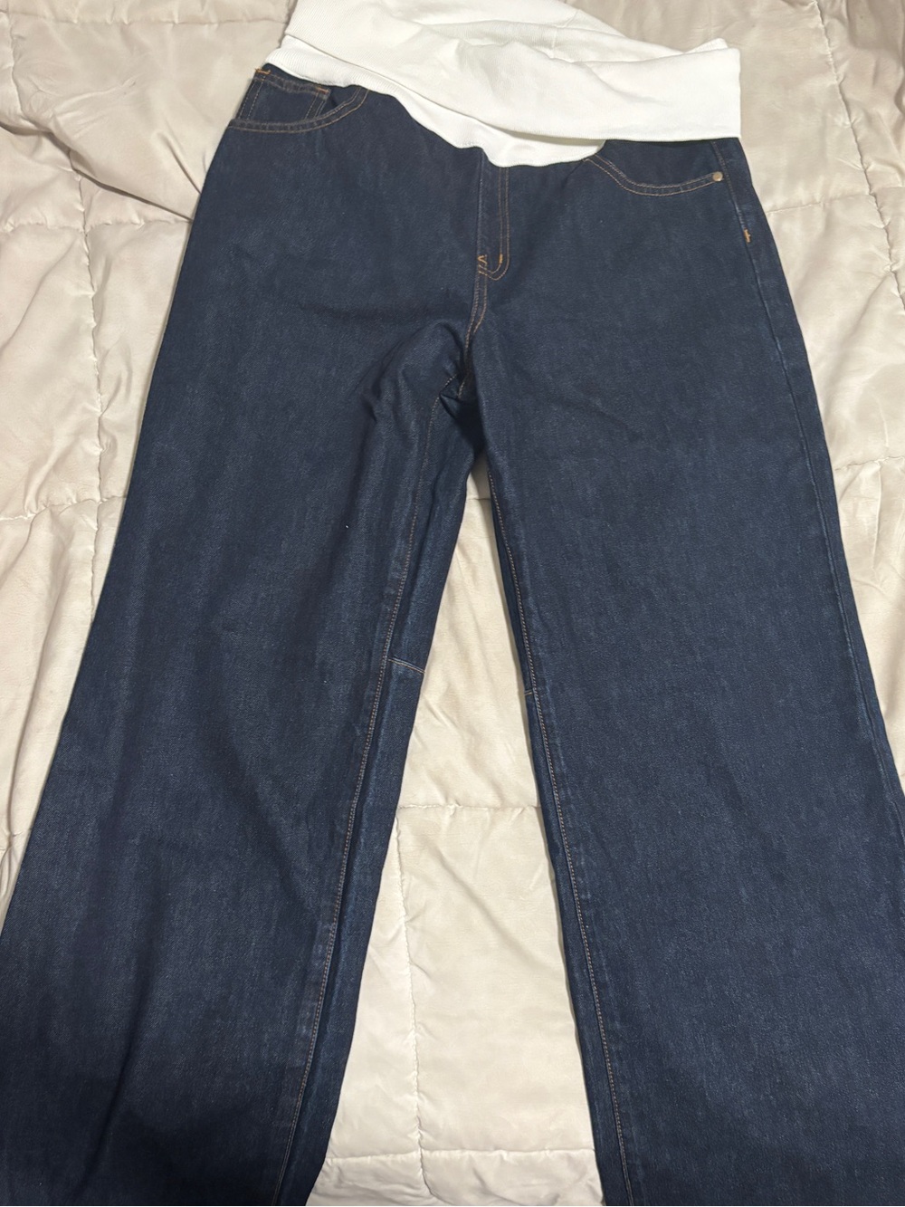 Fashion Nova Dark Blue Wide-Leg Maternity Jeans with White Waistband